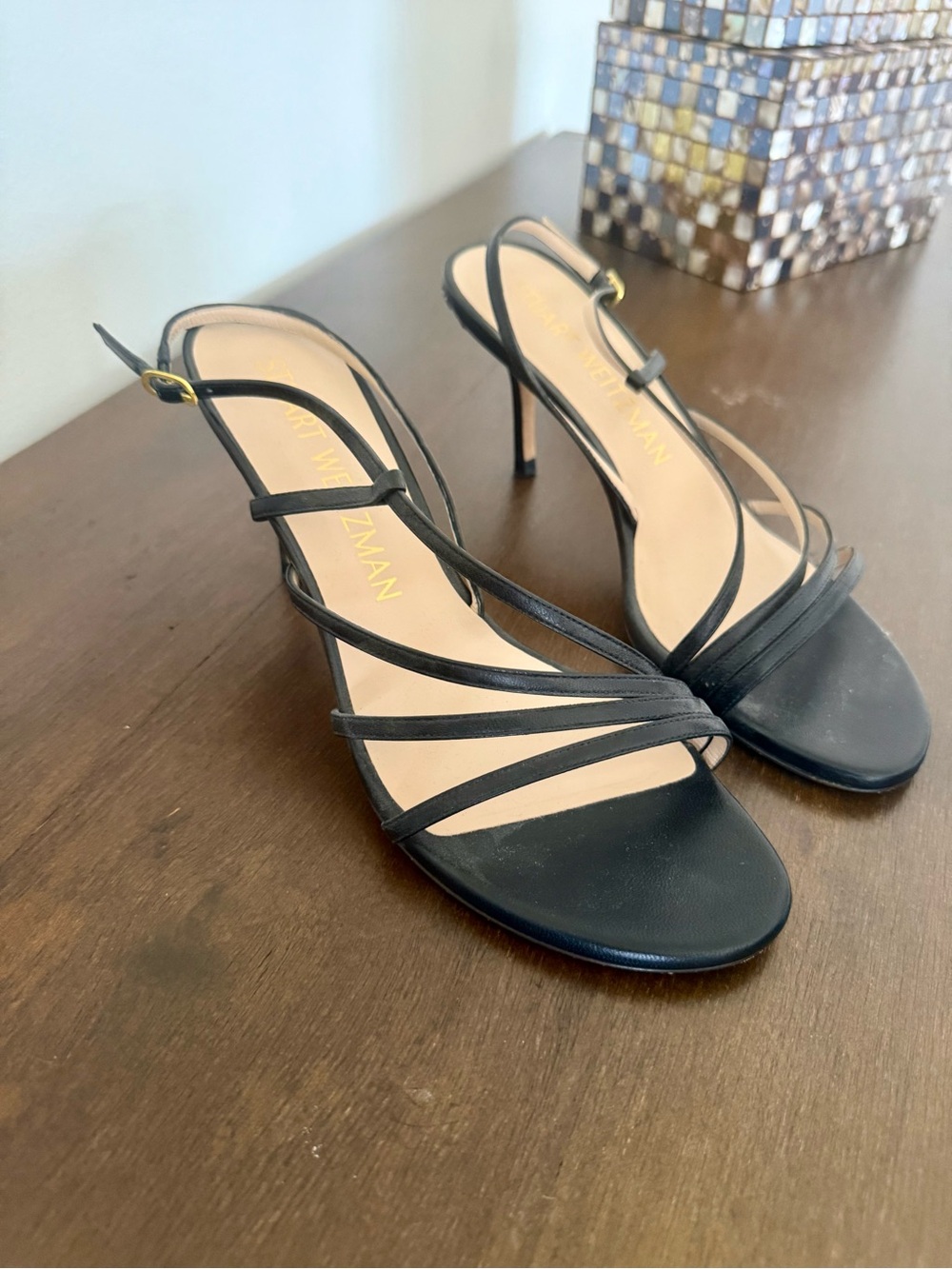 Stuart Weitzman Black Strappy Slingback Sandal Heels
